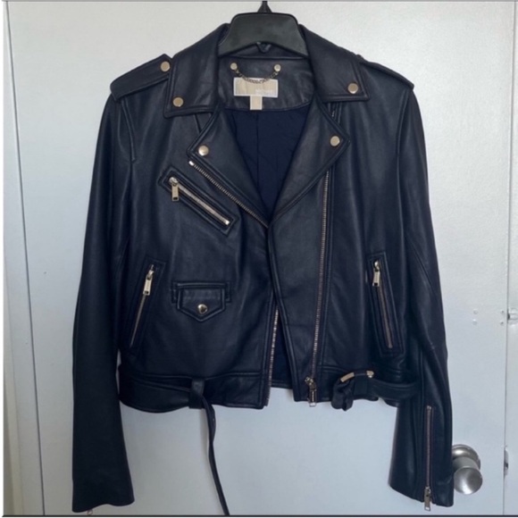 NWOT MICHAEL KORS Leather Moto Jacket - Navy - Picture 3 of 8